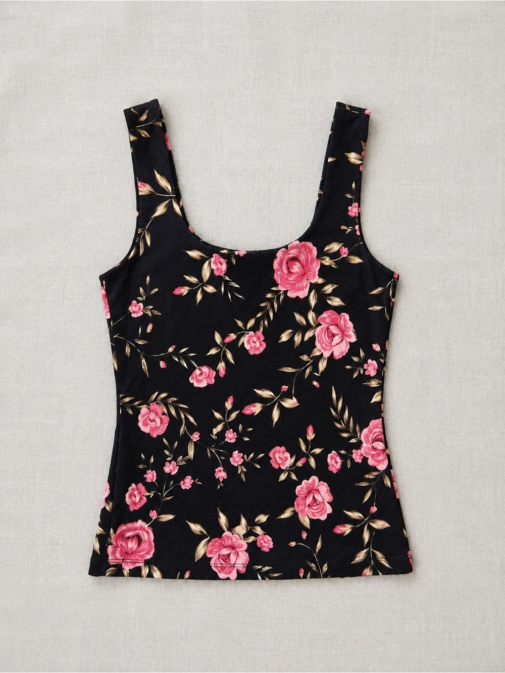 Dynamite Black Tank Top with Pink Rose Print